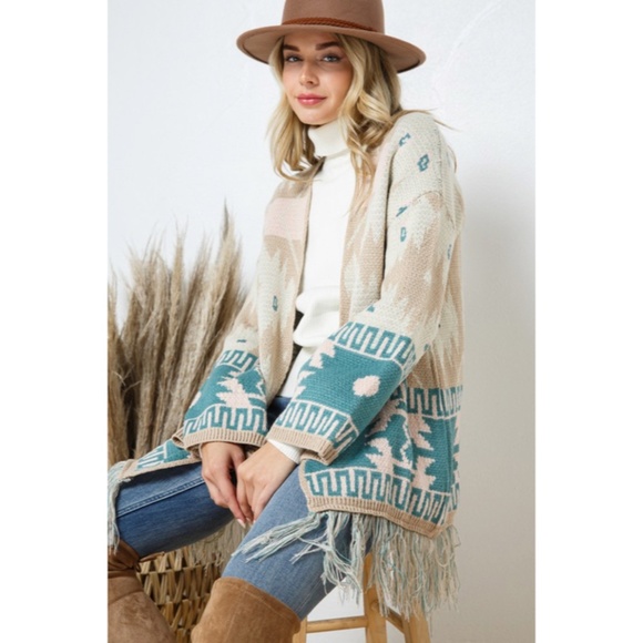 SOLD OUT Taupe Teal Bell Sleeve Aztec Western Tribal Fringe Knit Boho Cardigan - Picture 7 of 10